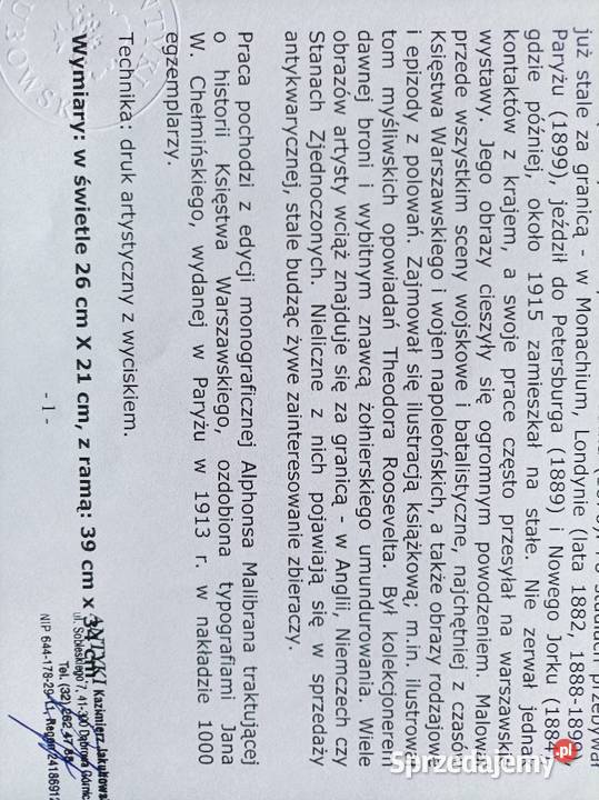 Jan Chełmiński Ułani Księstwa Warszawskiego Węgorzewo sprzedam