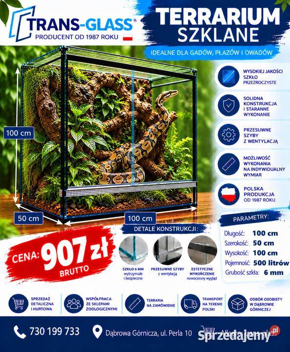 Terrarium szklane 100x50x100 szkło 6 mm Pozostałe śląskie