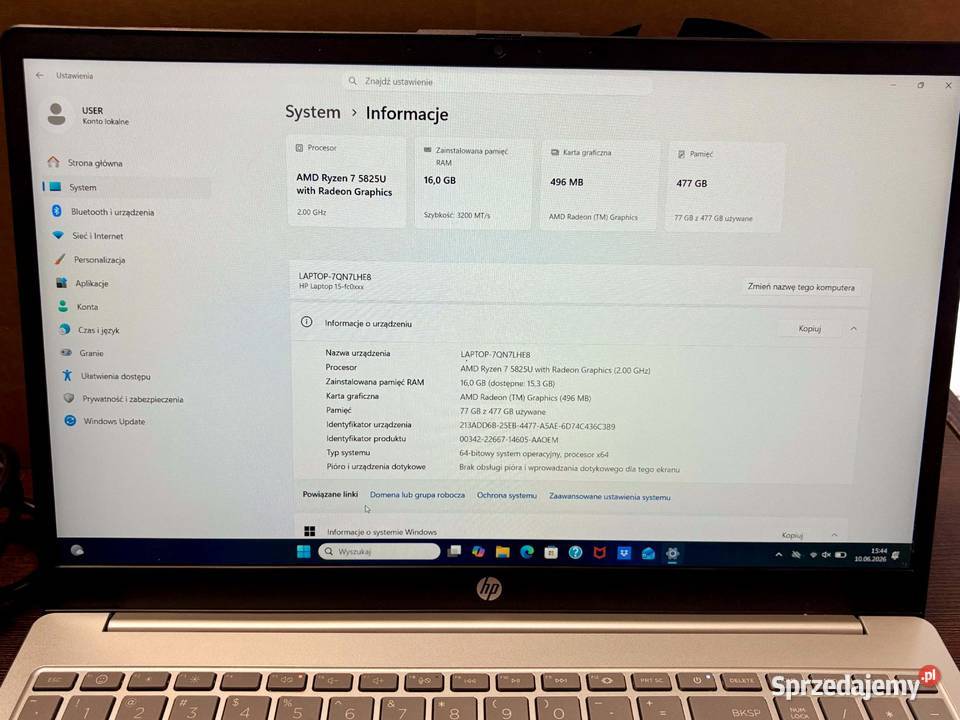 Laptop HP 15fc0002nw 156 AMD Ryzen 7 16 GB 512 16GB Elbląg
