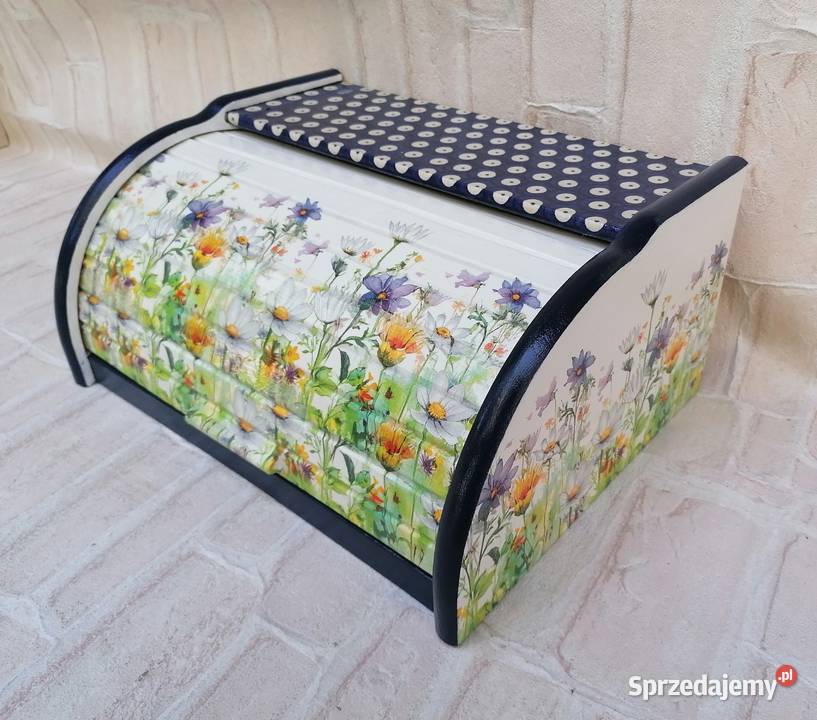 Chlebak duży z drewna decoupage kwiaty łąkowe Halinów