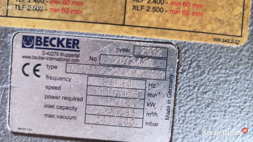Pompa próżniowa Becker VTLF 2250 lignum
