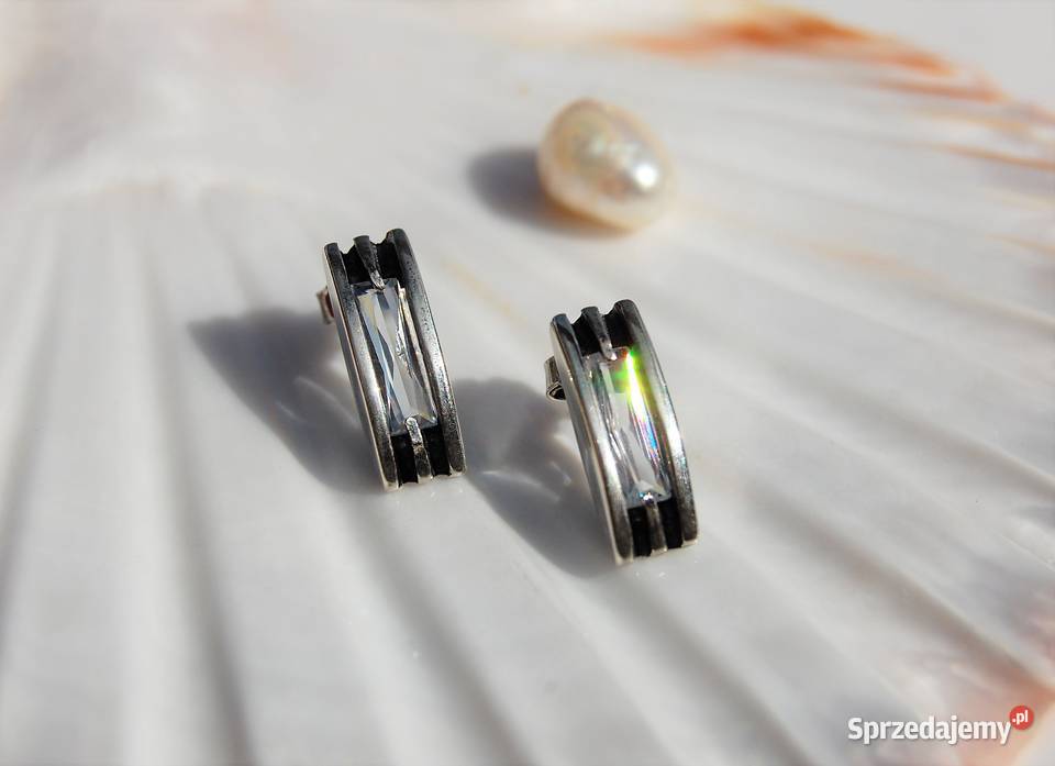 Kolczyki prostokątne białe cyrkonie srebro pr srebrne Lublin