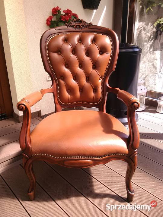 Fotel Krzesło Rzeźbione Skóra Antyk Kluki
