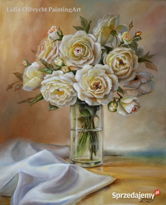 Kwiaty obraz olejny -Róże w wazonie,L. Olbrycht