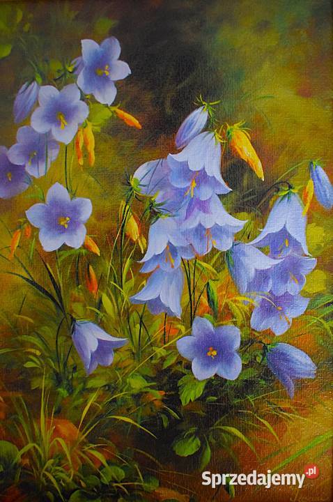 Niebieskie dzwonki mała reprodukcja w drewnianej