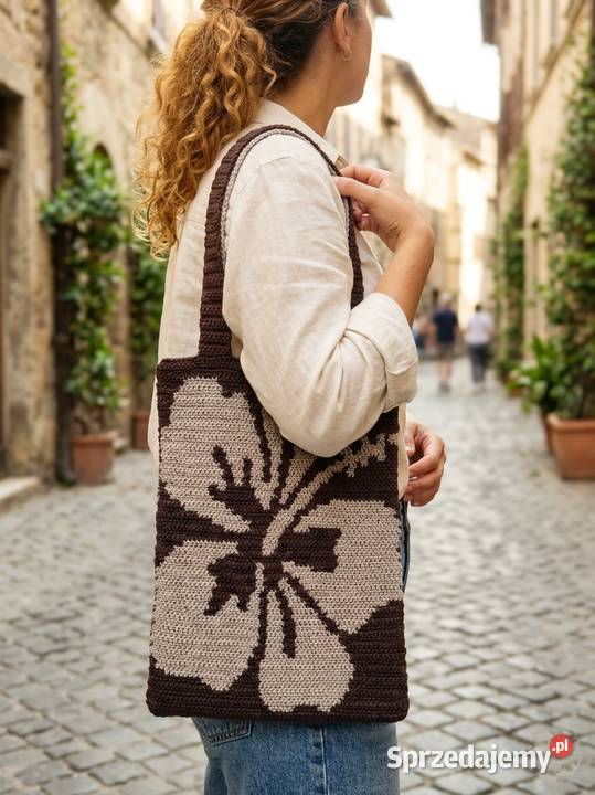 Dwukolorowa torebka shopperka crochet z rafii Piotrków Trybunalski sprzedam