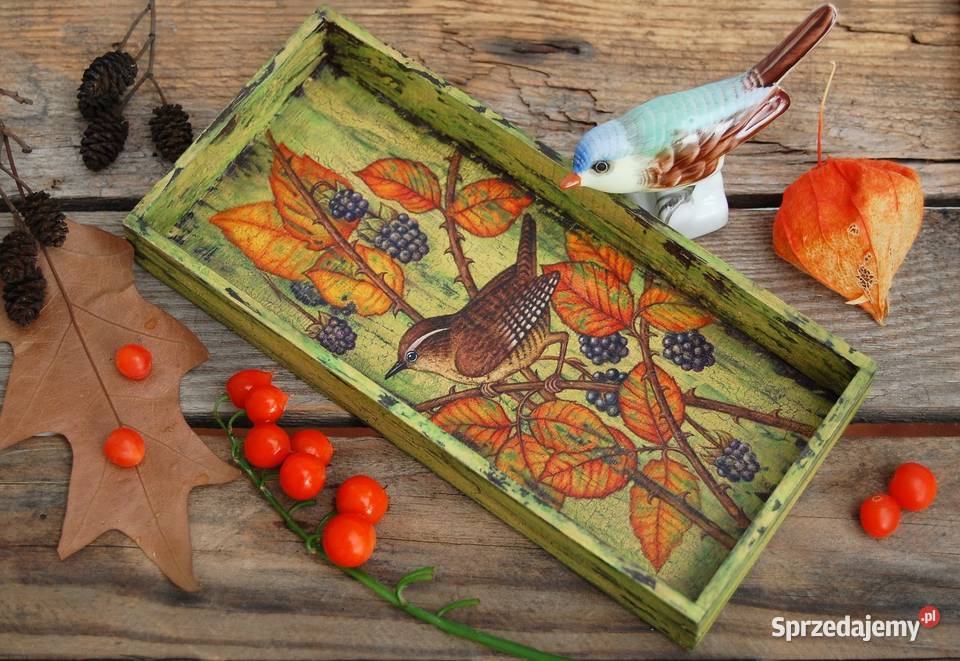 Drewniana tacka malowana ptak strzyżyk jeżyny lubelskie