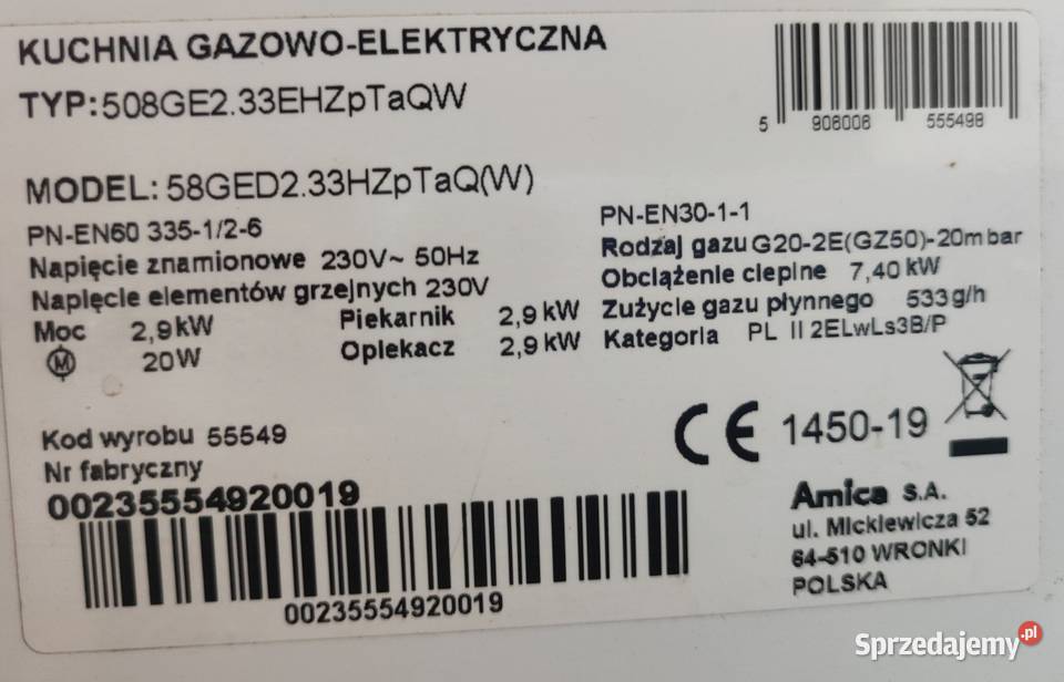 AMICA Kuchnia gazowoelektrycz Pińczów