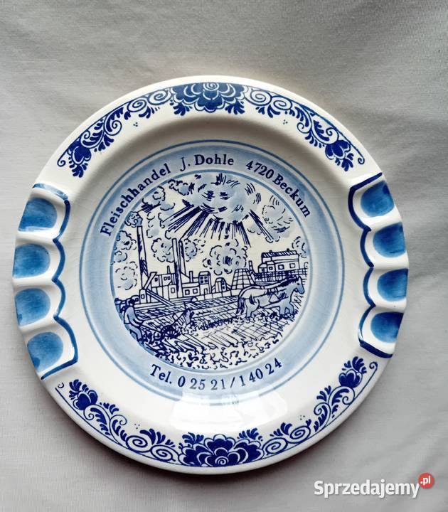 Ręcznie malowana popielniczka reklamowa Delft Porcelana i szkło wielkopolskie Koźminek