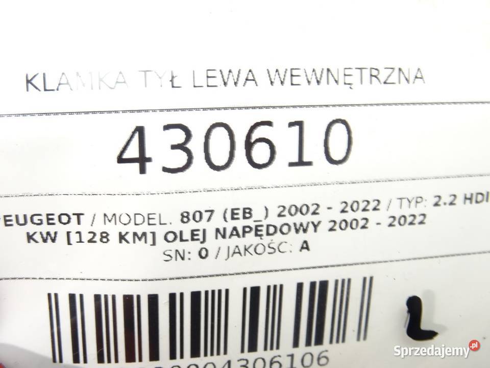 KLAMKA TYŁ LEWA WEWNĘTRZNA PEUGEOT 807 osobowe