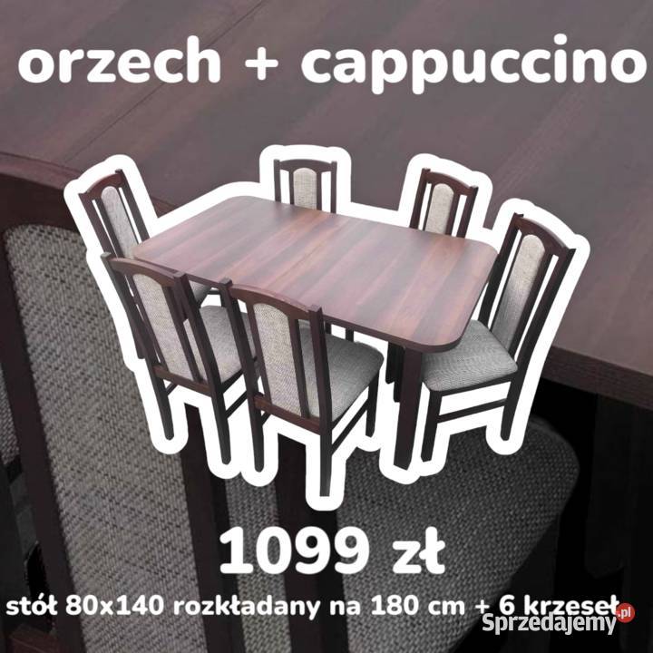 Nowe: Stół 80x140/180 + 6 krzeseł, ORZECH + CAPPUCCINO