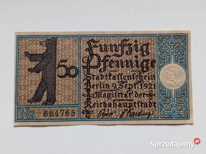 Trzy banknoty 50 Pfennig 1921 r miasta Berlin zachodniopomorskie Koszalin