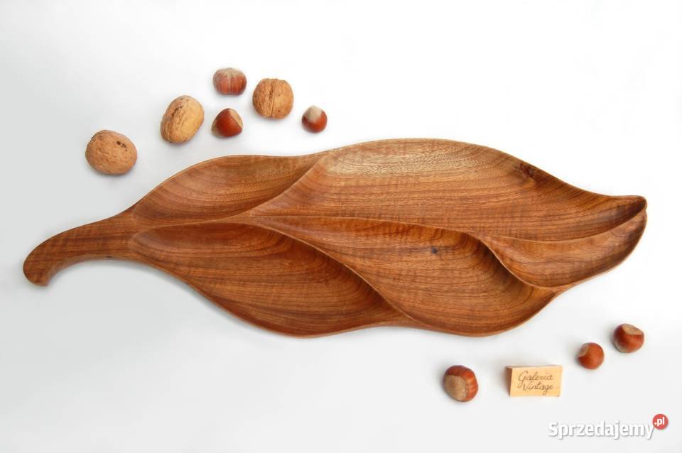 Rzeźbiona patera liść 40 drewno teak lata 70 Lublin