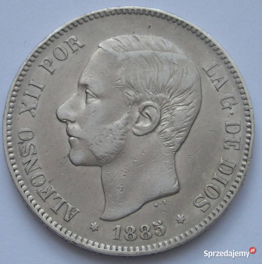 Hiszpania 5 peset 1885 Alfonso XII SREBRO łódzkie sprzedam