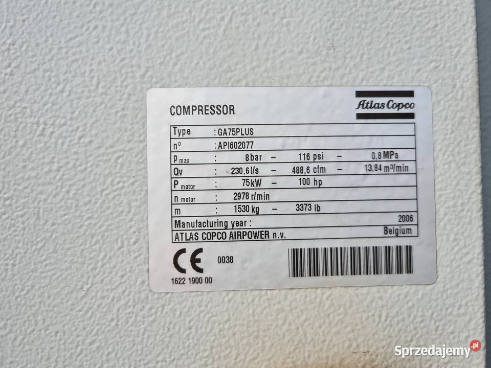 Kompresor śrubowy ATLAS COPCO GA 75 Zduny sprzedam