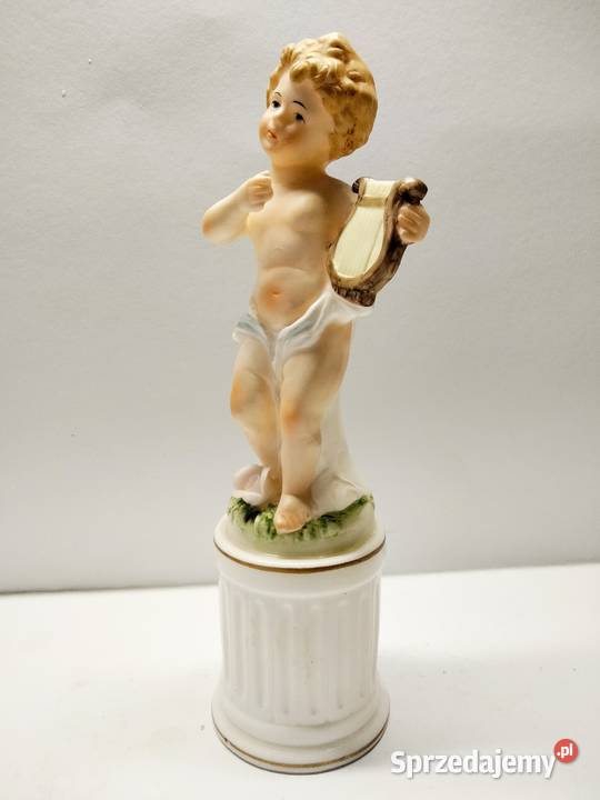 Figura- stara cieniutka porcelana Putto z harfą- sygnowana