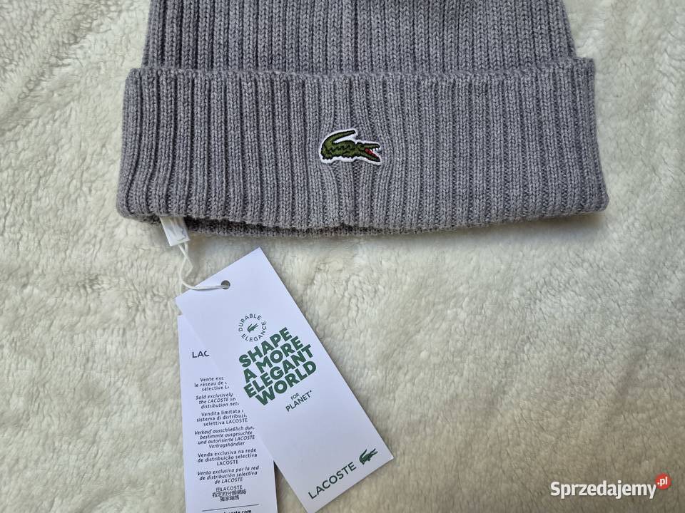 Nowa szara czapka wełniana Lacoste unisex z Bibice