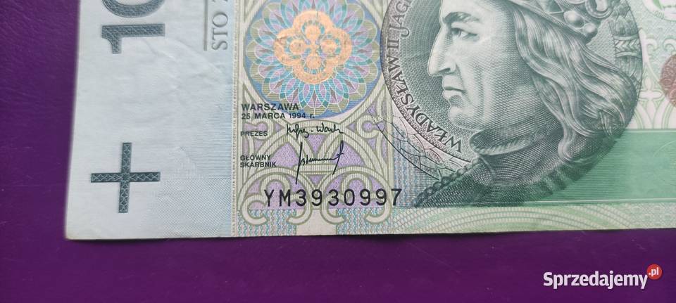 Banknot 100 1994 seria YM Zastępcza seria 13 mazowieckie Pruszków