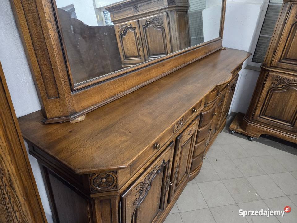 Rzeźbiony zestaw 100 dębowy komoda lustro barek Kleczew