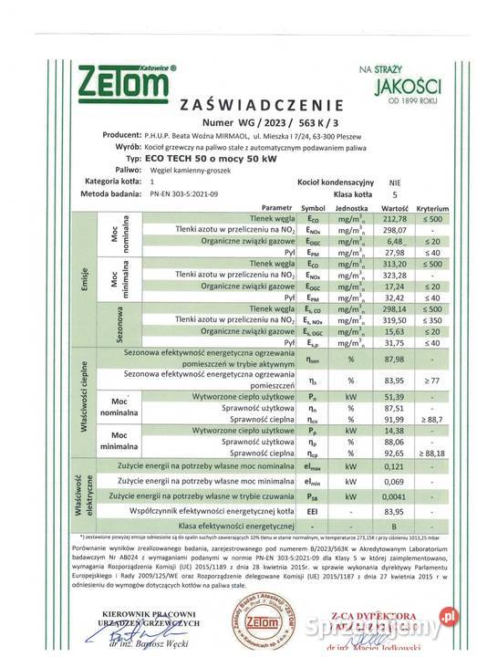 Piec kocioł co 50kW na groszek 5 klasa ecodesign