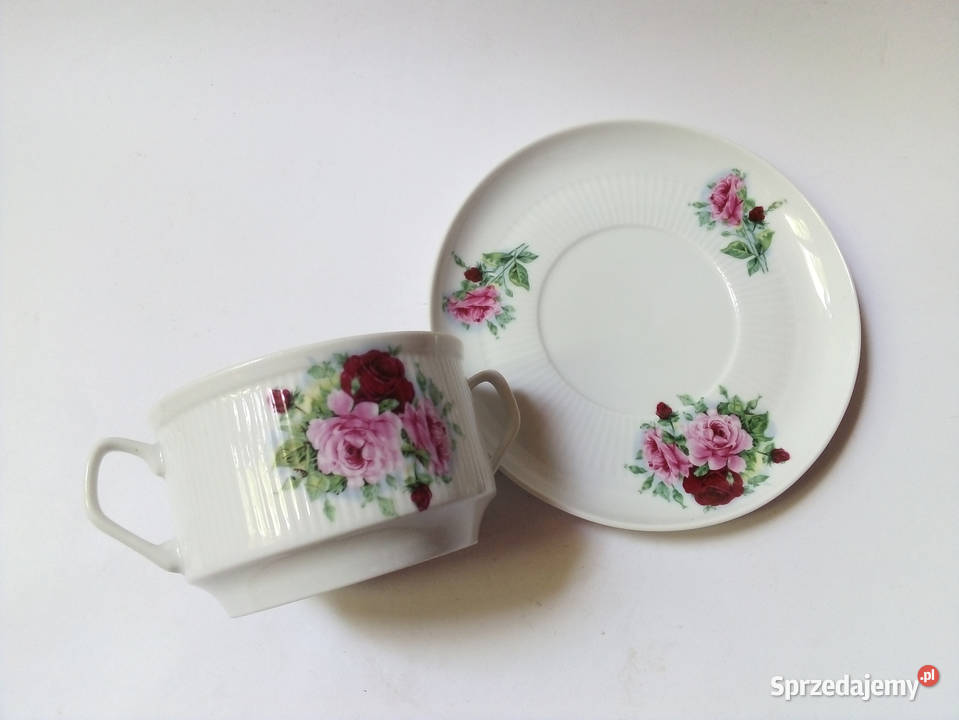 4 bulionówki z talerzykami Chodzież vintage PRL