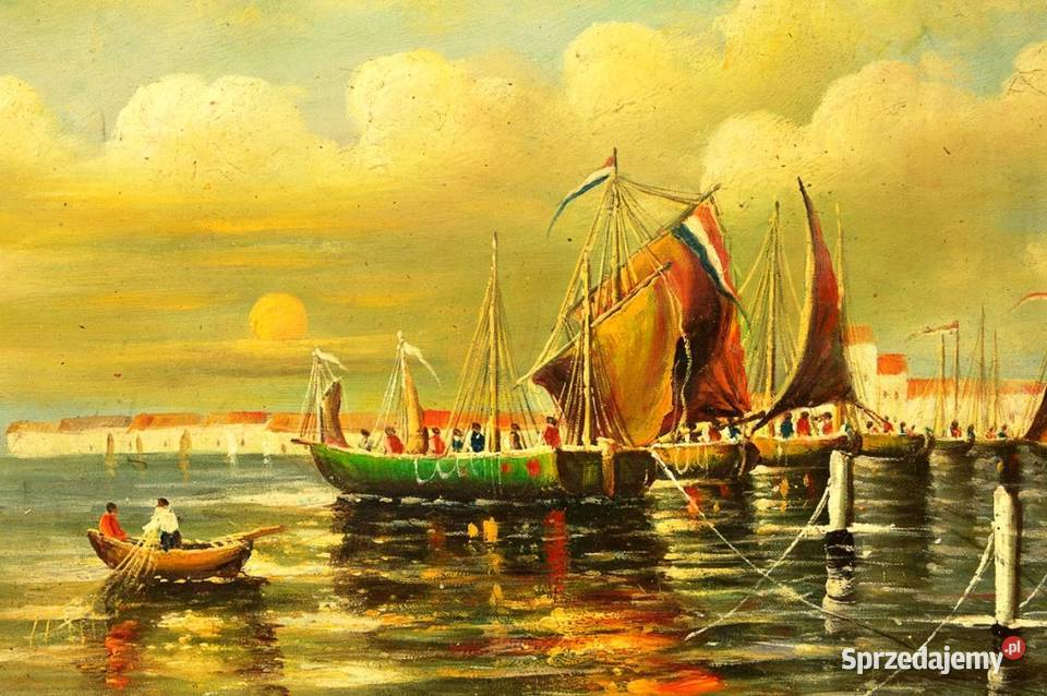 Duży obraz olejny na płycie Połów w Porcie wym Warszawa sprzedam