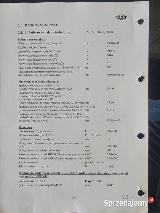 Pionowe centrum obróbkowe MAS MCV 1016 QUICK Toruń
