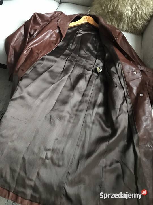 Długi damski skórzany płaszcz vintage PRL Renoma Warszawa