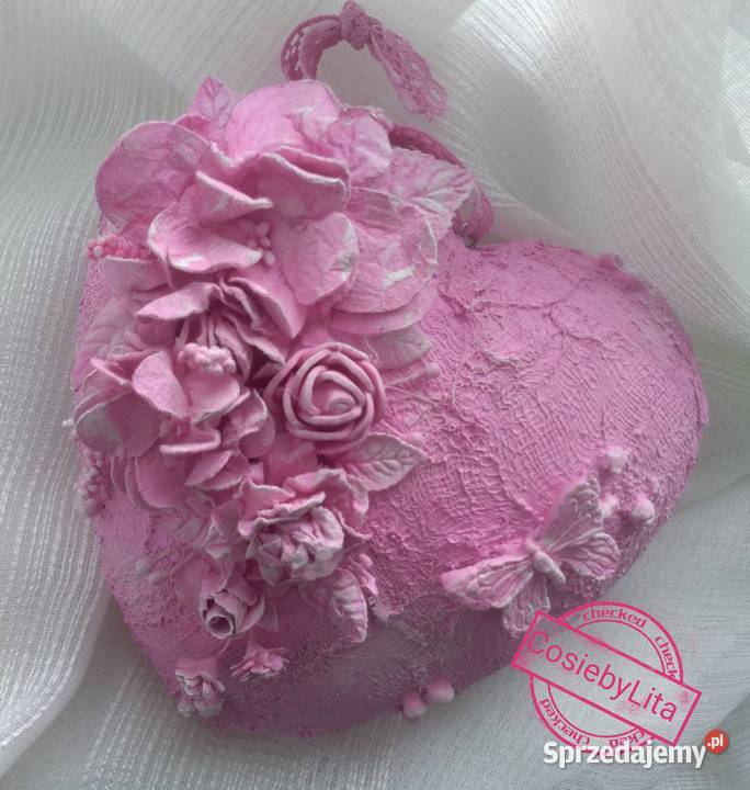 Serce mixmediowe ozdoba rękodzieło odcienie różowego Krajno-Parcele