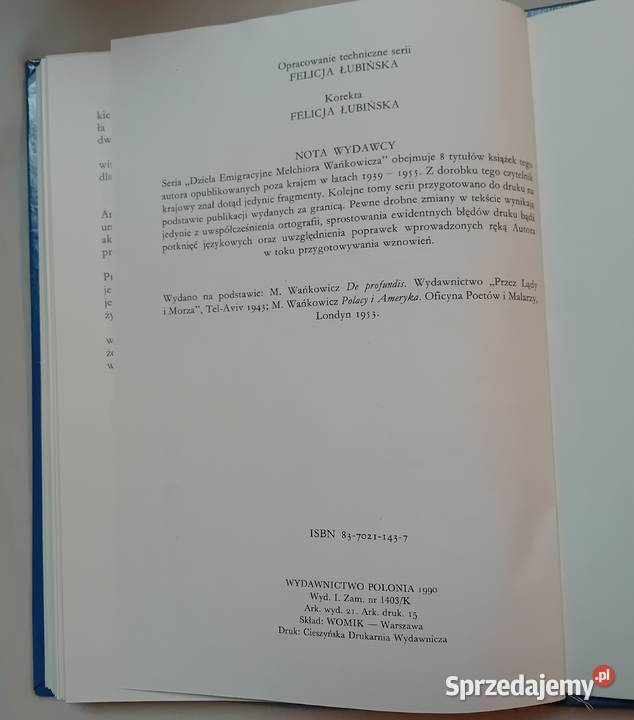 Melchior Wańkowicz De Profundis Polacy i Ameryka Rok wydania 1991 wielkopolskie Koźminek sprzedam