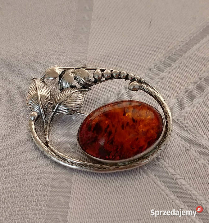 stara srebrna broszka z bursztynem Suwałki sprzedam
