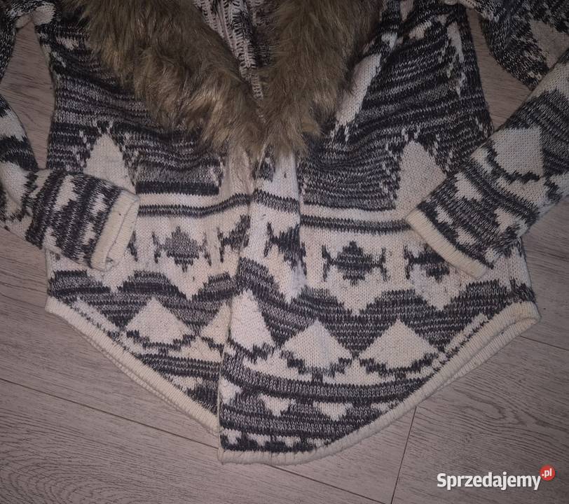 Kardigan sweter kołnierz futerko River Island długi łódzkie Łódź