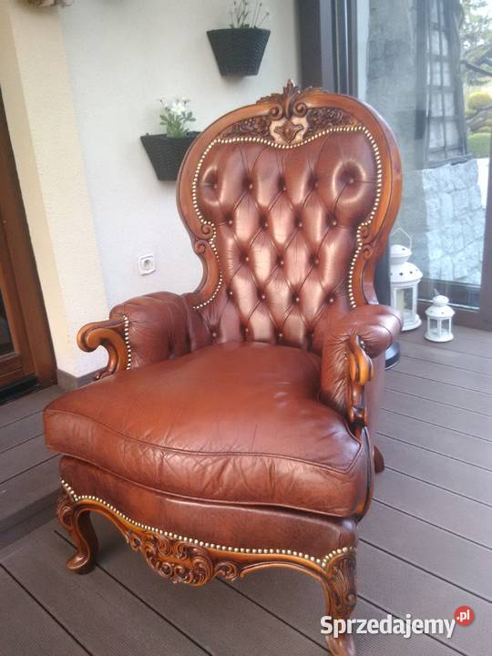 Fotel LudwikBarok Rzeźbione Skóra Antyk Stan Kluki