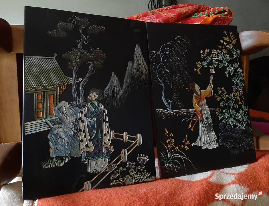Obrazki japonia grawerowane antyk Dom i Ogród Chorzów sprzedam