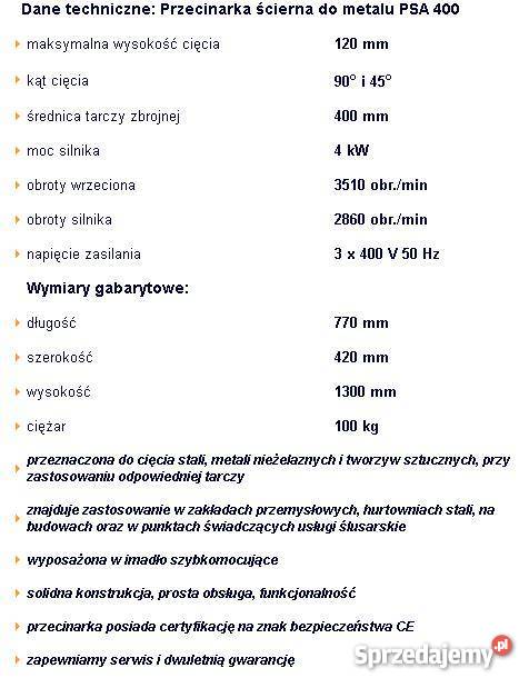 Piła Przecinarka Ścierna do metalu PSA 400 PILEX wielkopolskie