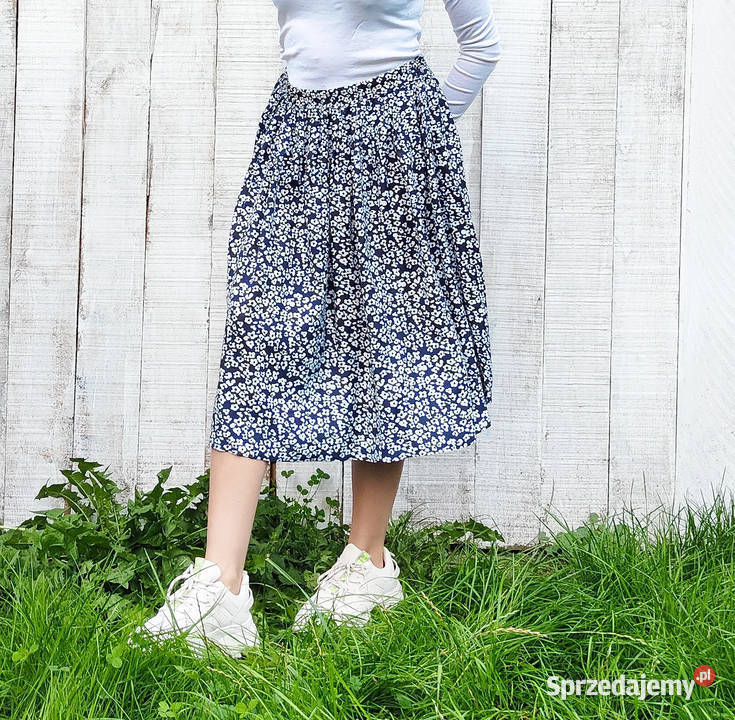 Spódnica midi łączka kwiatki kwiaty białe granat Szczecin
