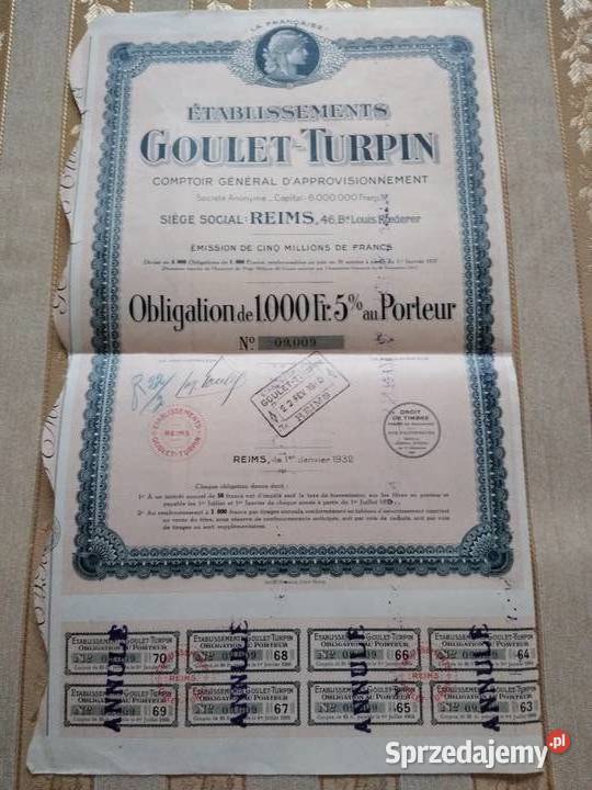 Akcja 1000 franków GOULET TURPIN 1932r Siemianowice Śląskie