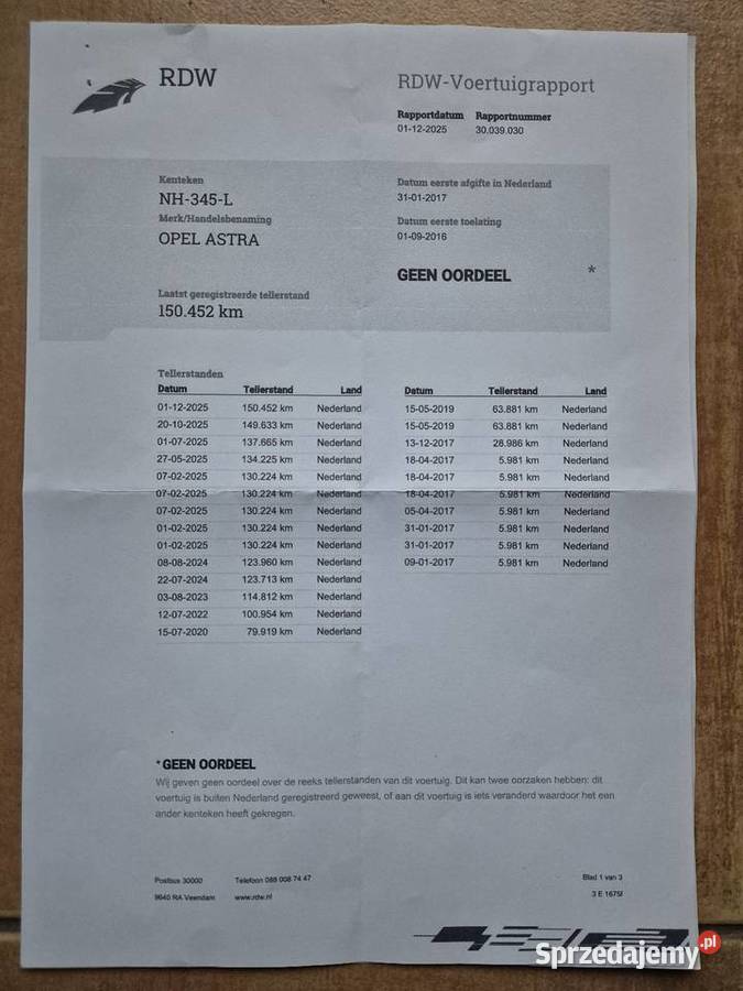 PISEMNA GWARANCJA PRZEBIEGU ORYG150 Z Człuchów