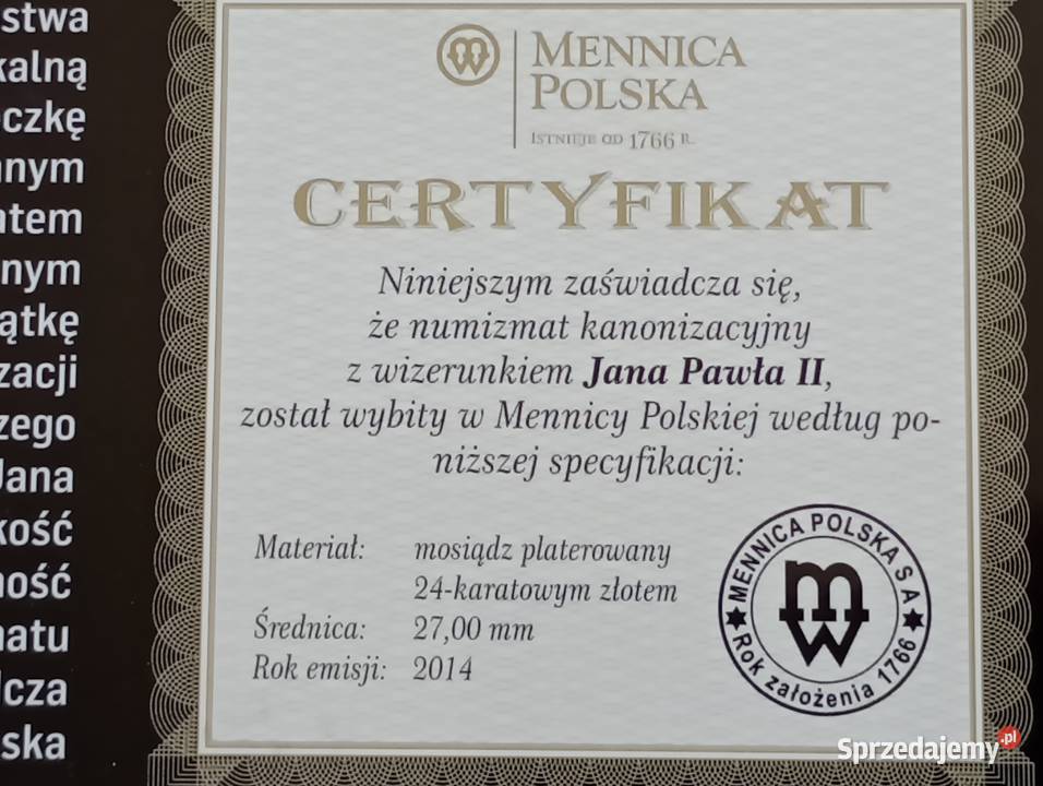 Numizmat kanonizacyjny Jan Paweł II 2014r wielkopolskie Mosina