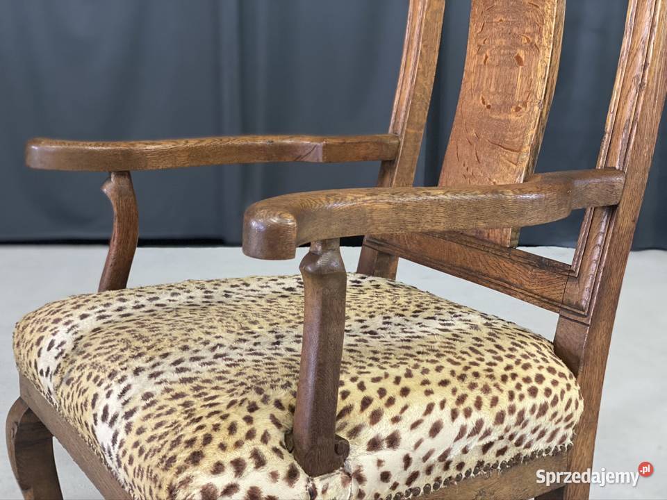 Klasyczny fotel dębowy siedzisko w panterkę 60cm Budno sprzedam