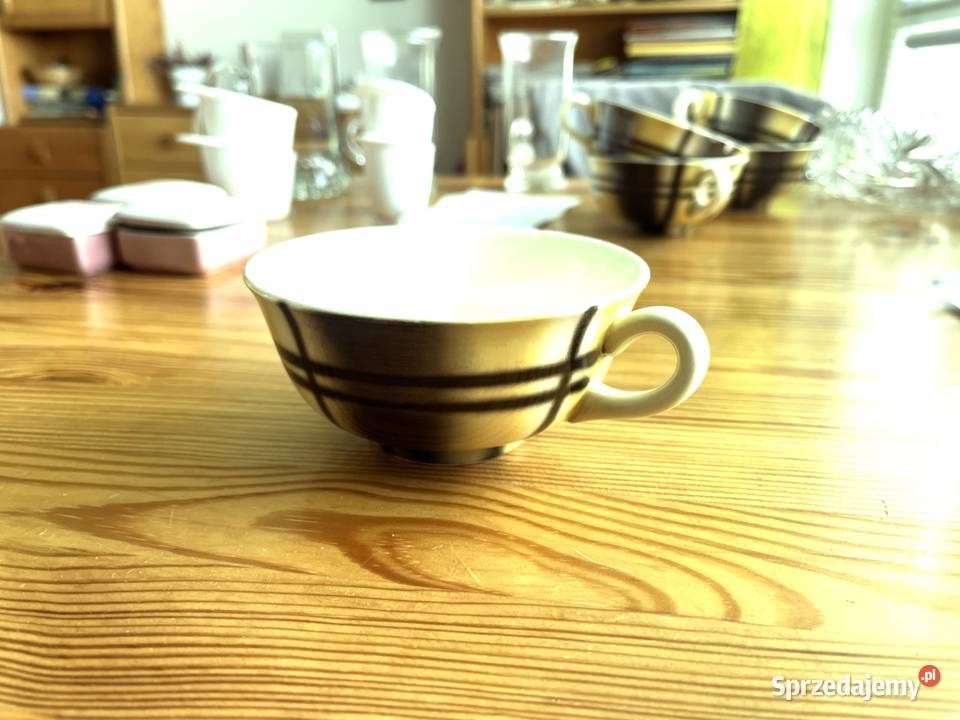 Filiżanki fajansowe żółtoczarne vintage niedrogo Gdańsk