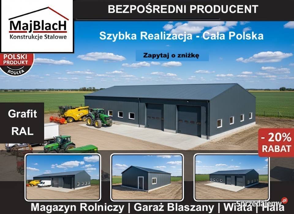 RAL Garaż Blaszany Dwuspadowy TANIO Wiata HALA 104m2 Ryki