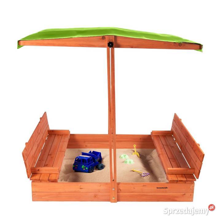 Drewniana piaskownica ogrodowa z daszkiem