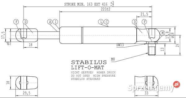 Sprężyna gazowa L416 mm 100N Stabilus CA579123 Kamionna
