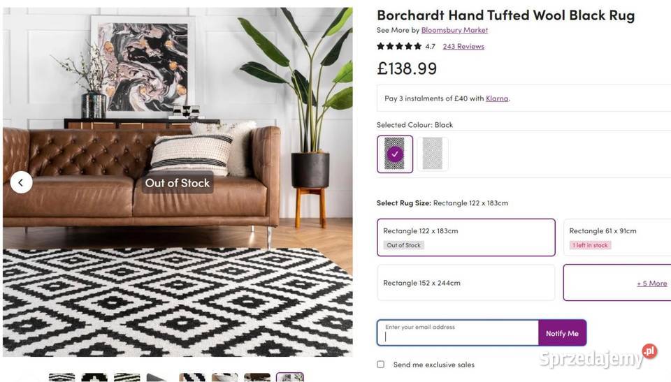 DYWAN WEŁNIANY HARMONY biały czarny IKAT w romby 1.83m Przeciszów sprzedam