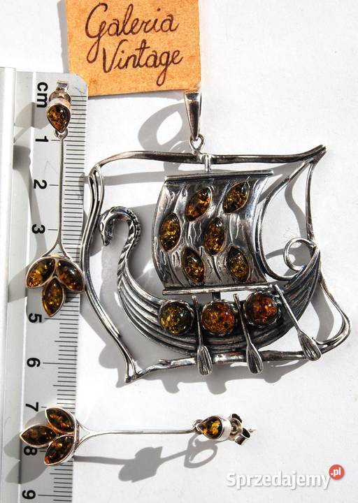 Łódź Wikingów drakkar wisior i kolczyki komplet srebro