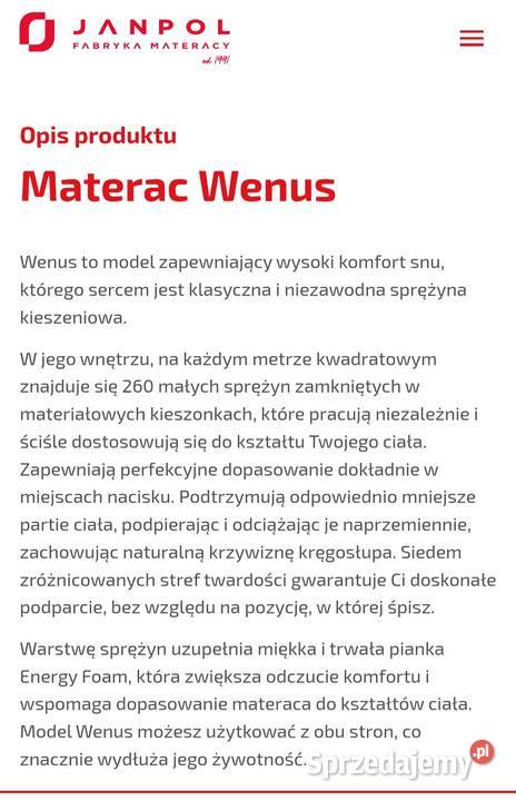 Materac rehabilitacyjny Janpol Wenus 160x200 18cm Rawicz