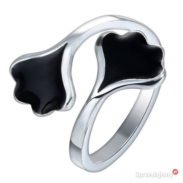 Nowy pierścionek czarne liście srebrny kolor Szczecin