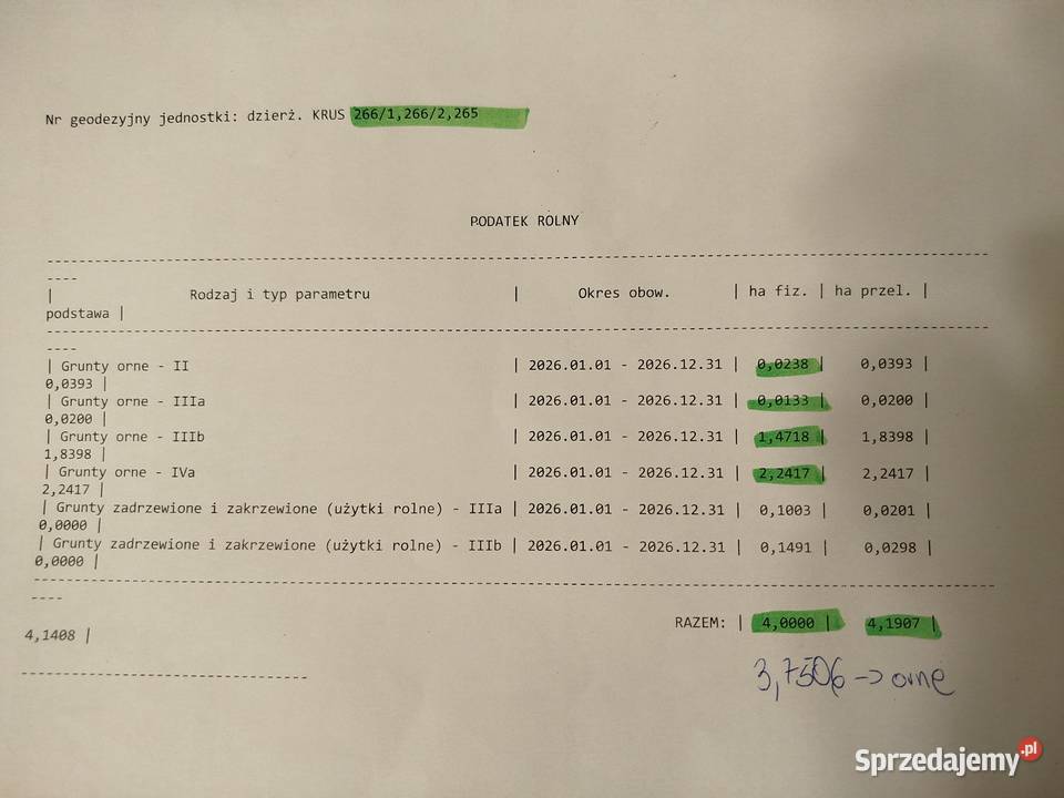 SPRZEDAM ZIEMIĘ ROLNĄ 4 ha Gmina Książ Wielki 40000m2