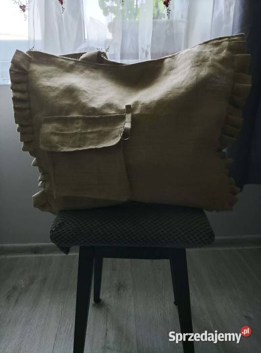 Duża torba lniana shopper XL z falbaną Dla kobiet Koło sprzedam